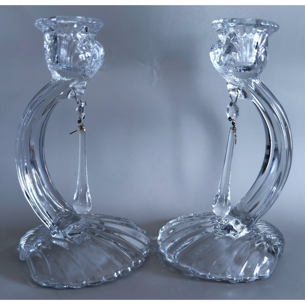 Imperial Glass Shell & Scroll Crystal Candle Holders 7.5" Pair w/ Prism Drops